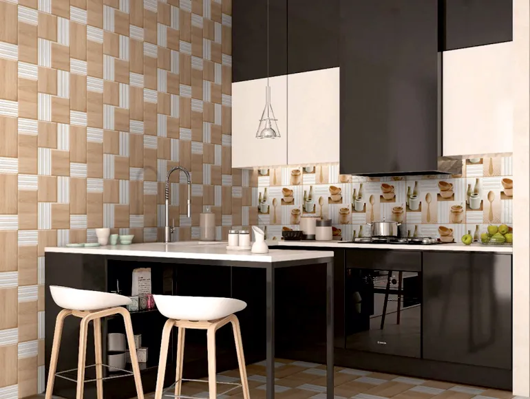 Modern beige island kitchen design with decorative beige and white tiles